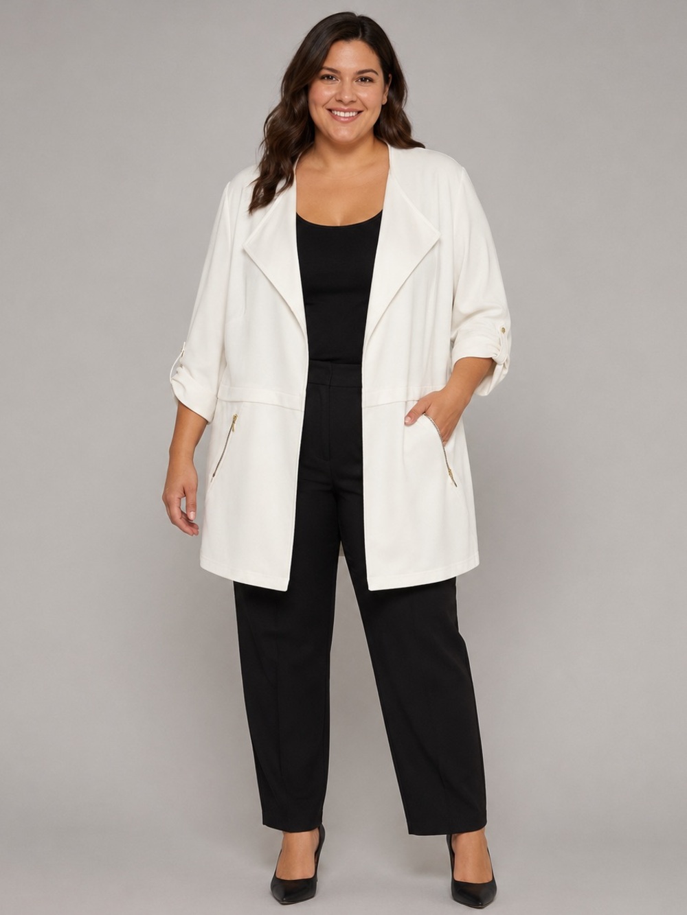 Soho Apparel Ivory Open-Front Duster Jacket Gold Zippers XL